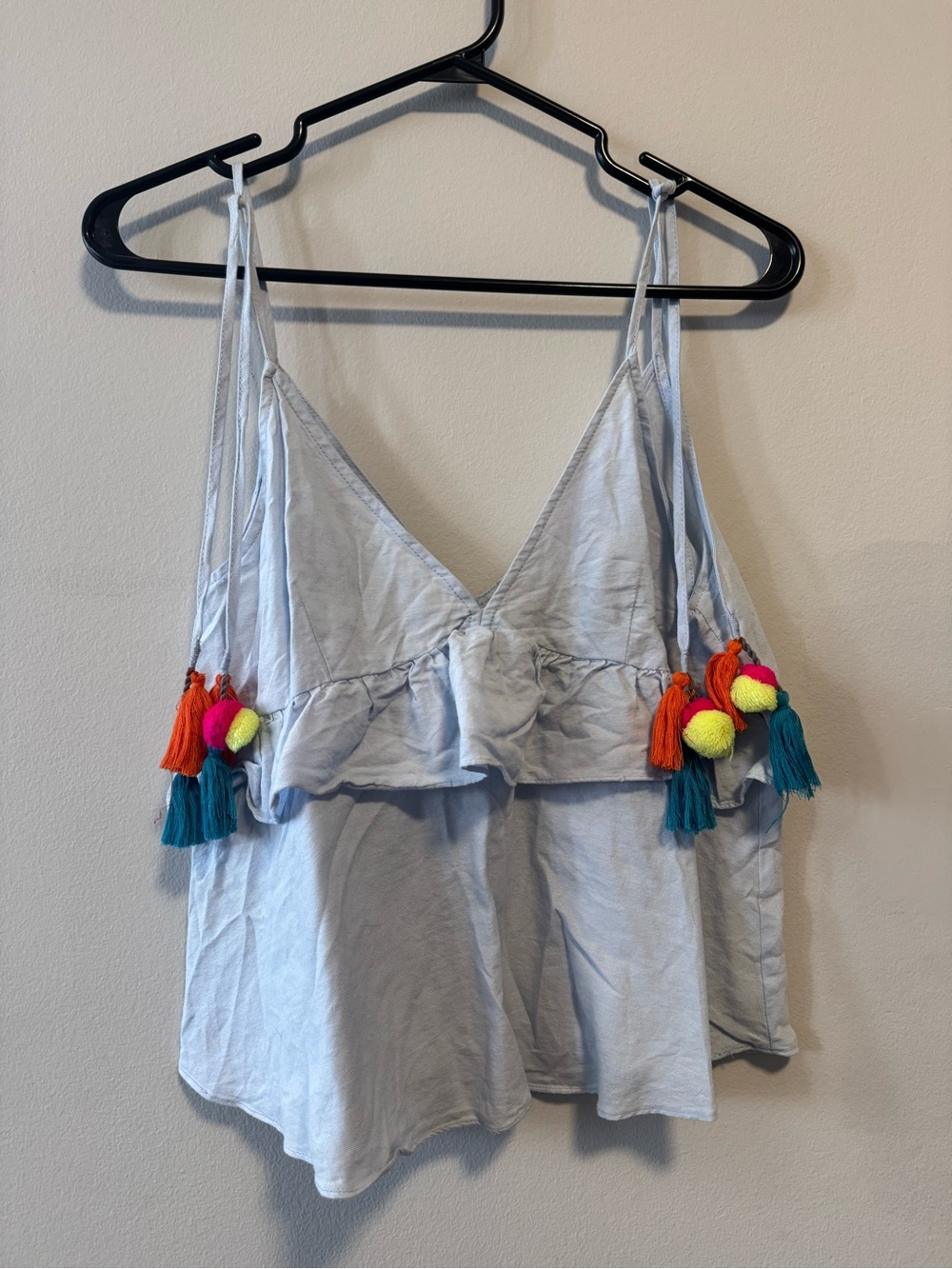 Zara Light Blue Tassel-Accent Spaghetti Strap Camisole